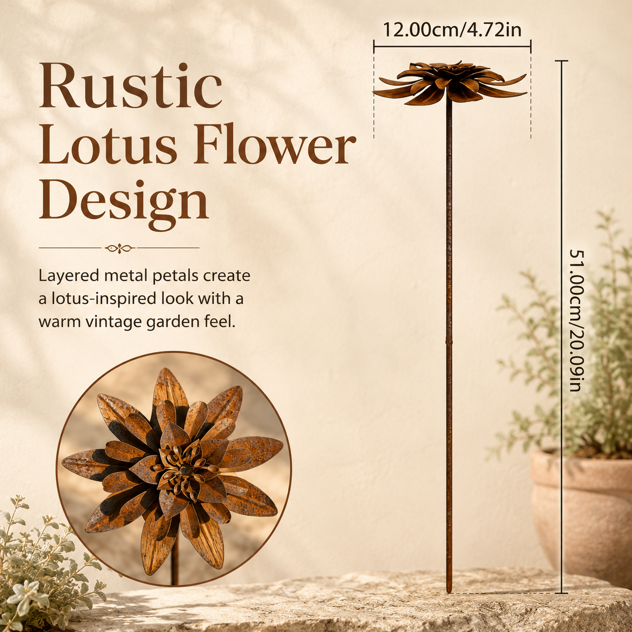 Rustic Metal Lotus Garden Stake – Weathered Outdoor Flower Yard Decor