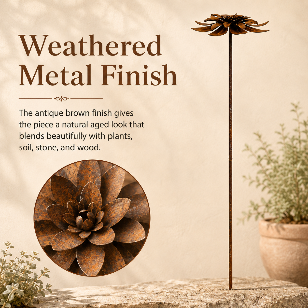 Rustic Metal Lotus Garden Stake – Weathered Outdoor Flower Yard Decor