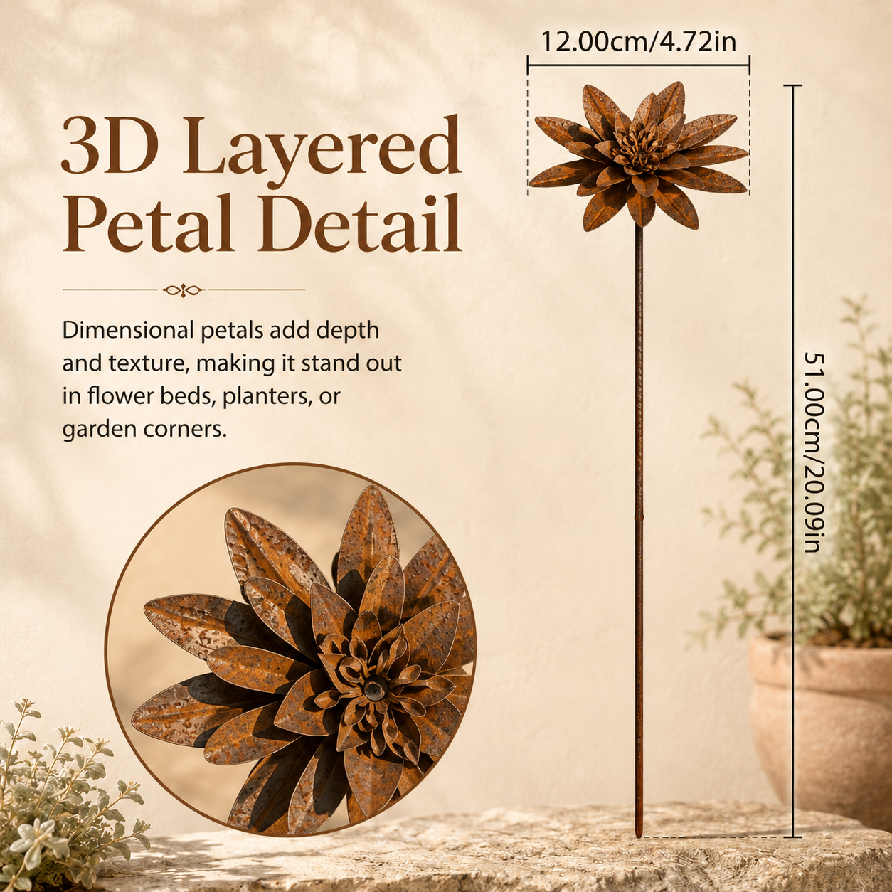 Rustic Metal Lotus Garden Stake – Weathered Outdoor Flower Yard Decor