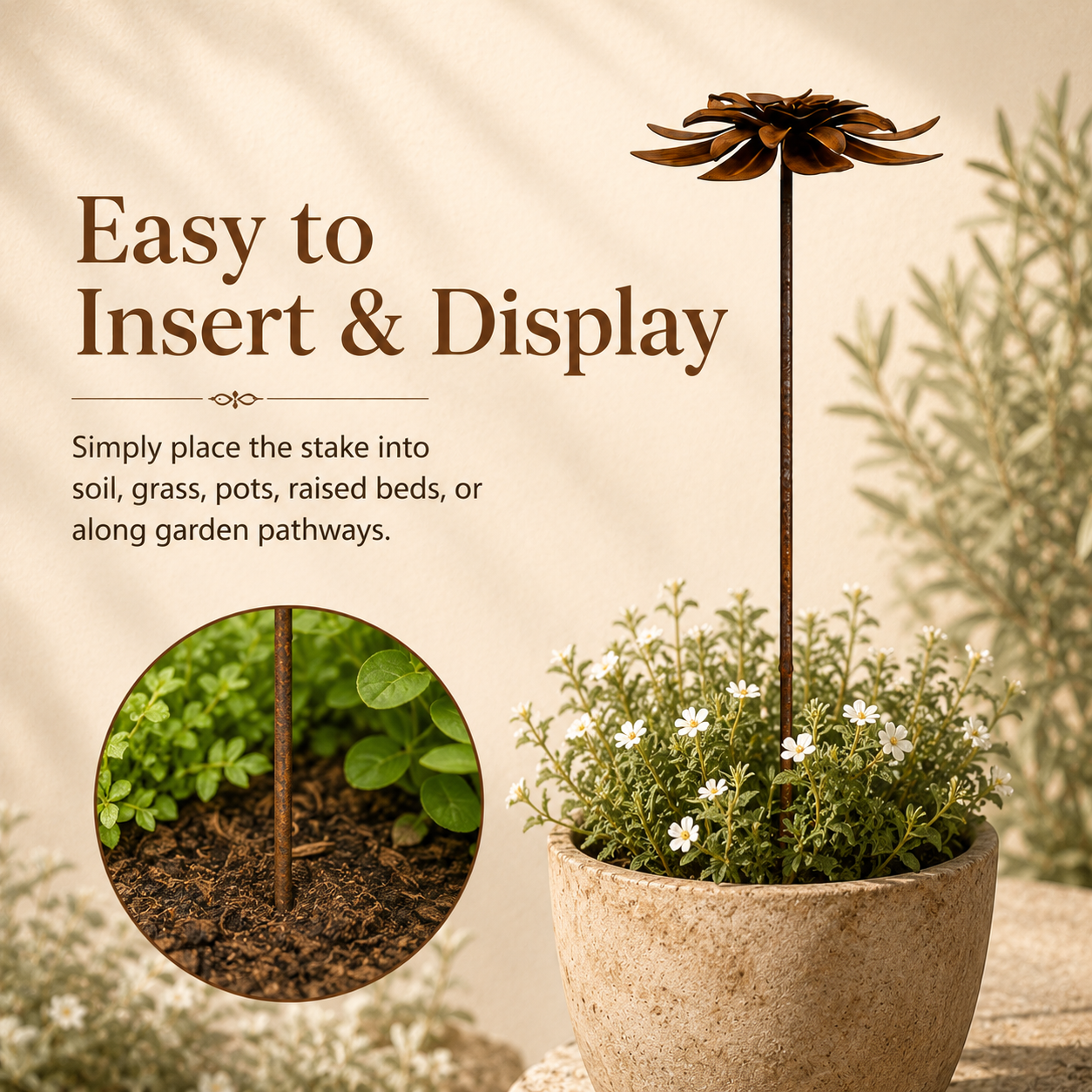 Rustic Metal Lotus Garden Stake – Weathered Outdoor Flower Yard Decor