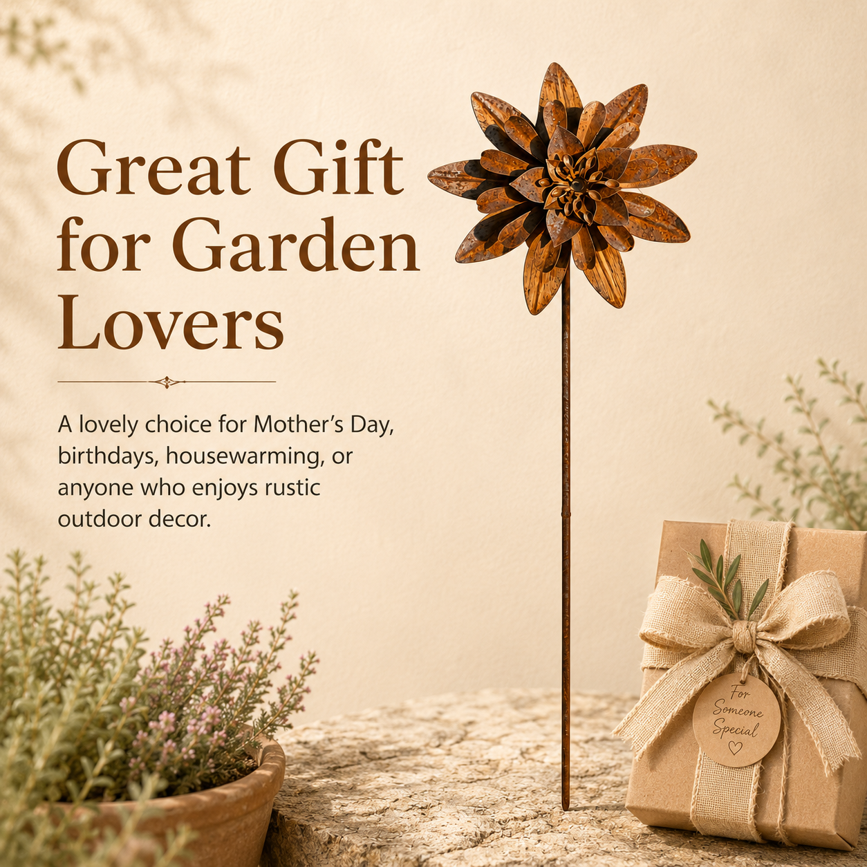 Rustic Metal Lotus Garden Stake – Weathered Outdoor Flower Yard Decor