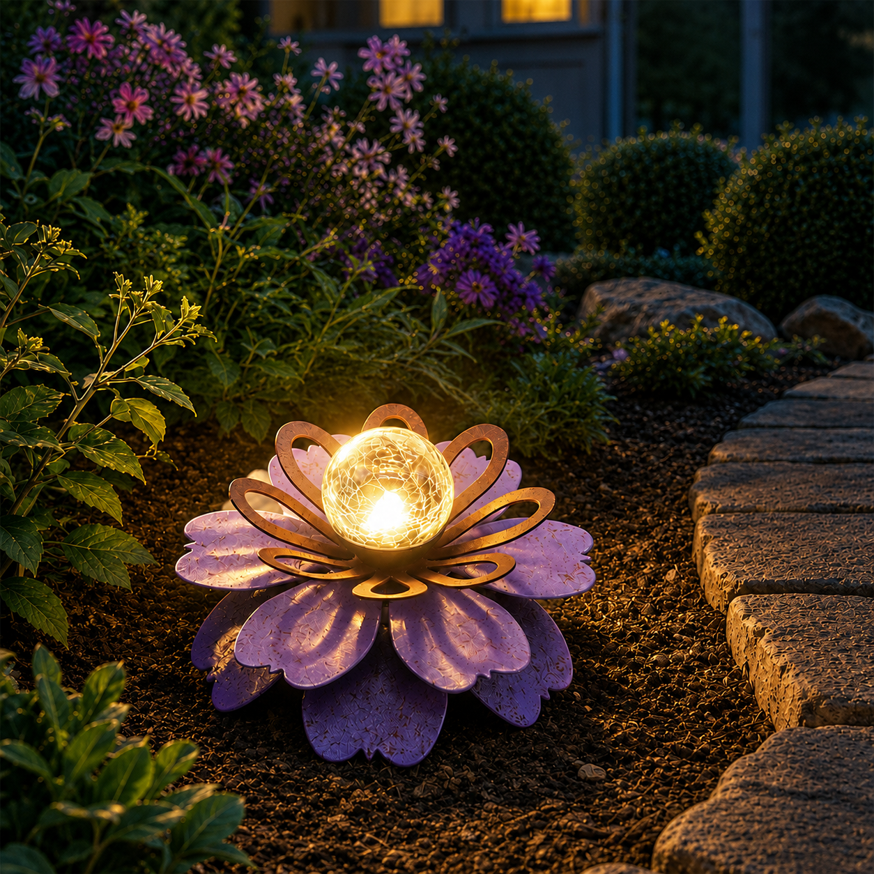Solar Metal Lotus Garden Light with Crackle Glass Globe