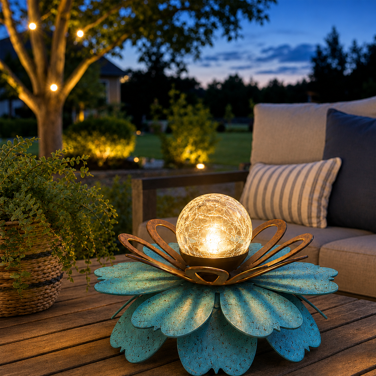 Solar Metal Lotus Garden Light with Crackle Glass Globe