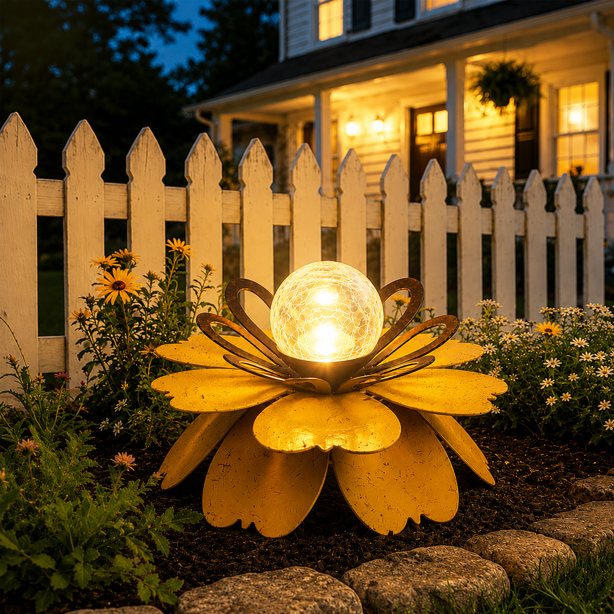 Solar Metal Lotus Garden Light with Crackle Glass Globe