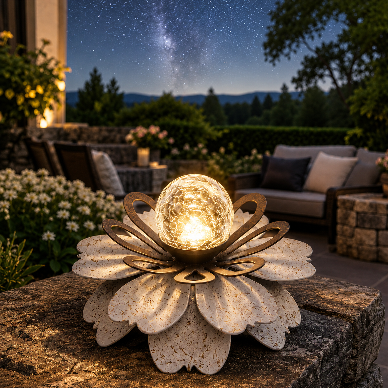 Solar Metal Lotus Garden Light with Crackle Glass Globe