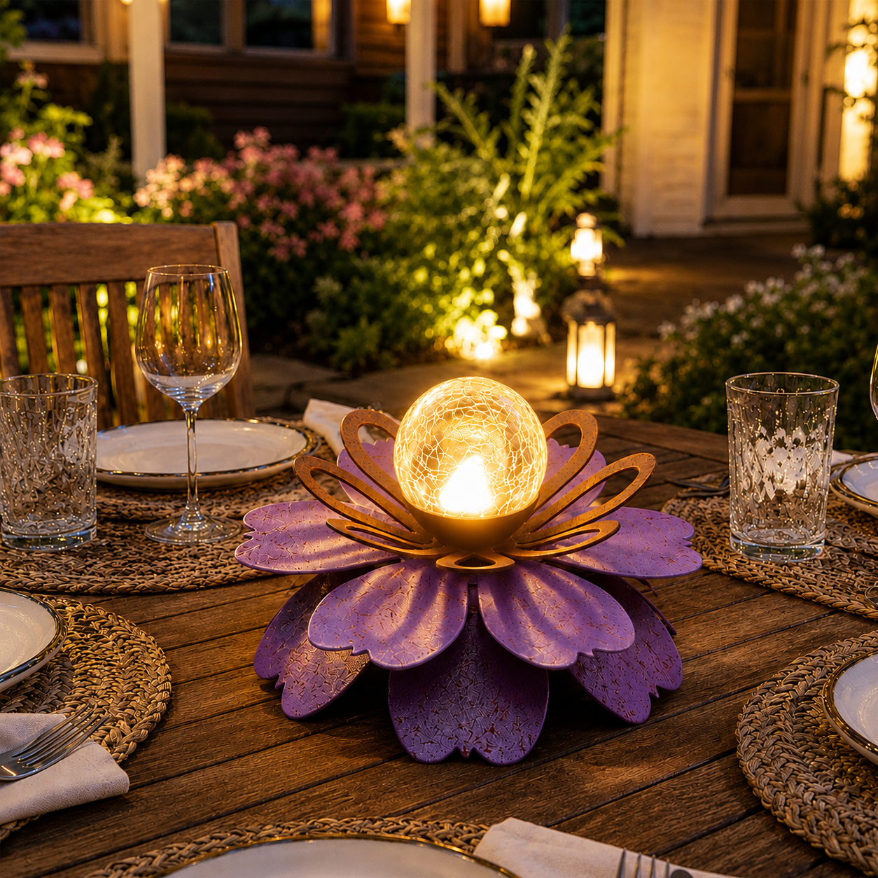 Solar Metal Lotus Garden Light with Crackle Glass Globe