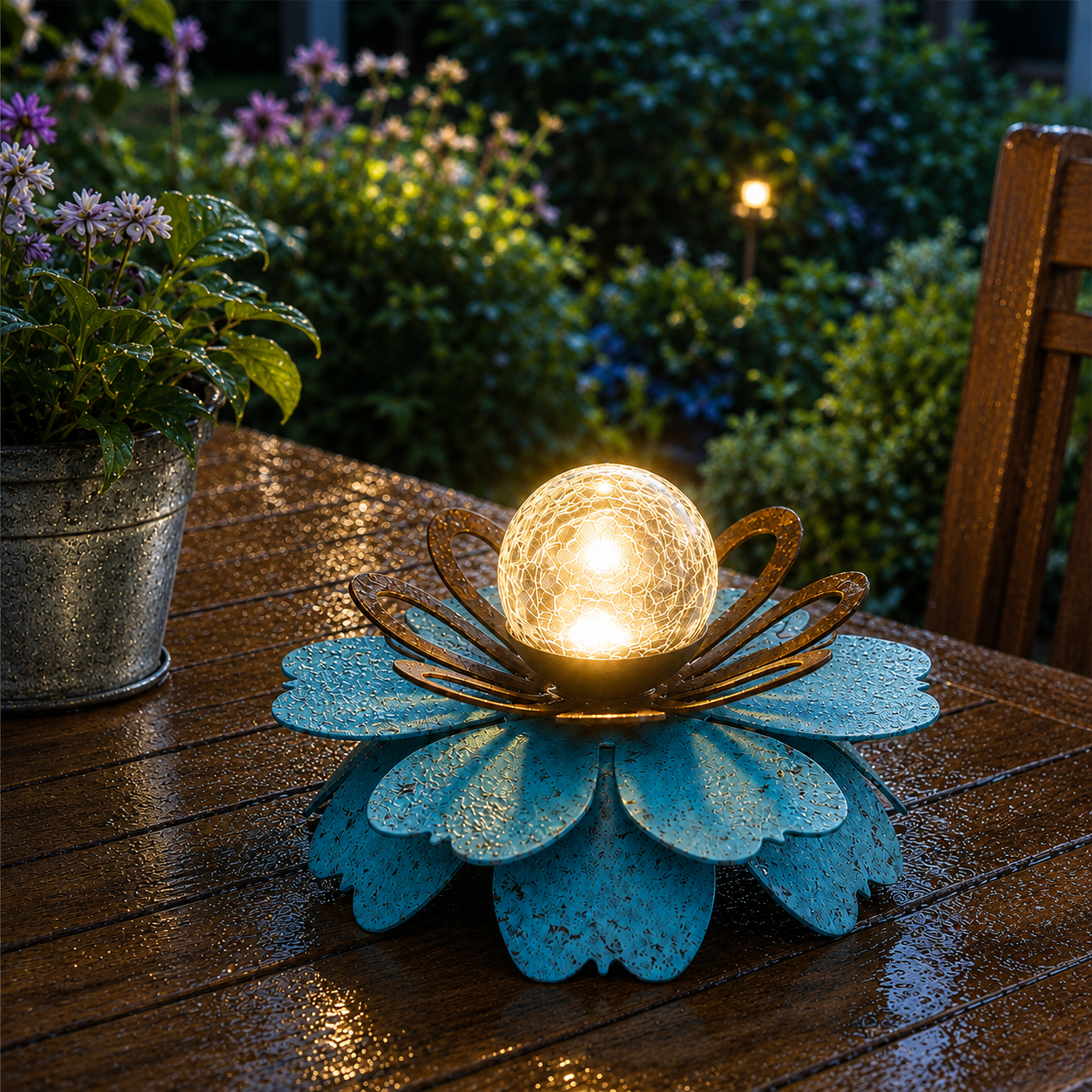 Solar Metal Lotus Garden Light with Crackle Glass Globe
