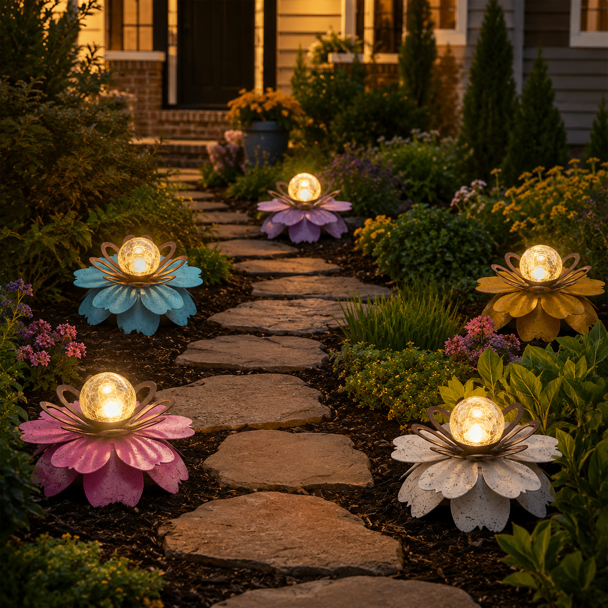 Solar Metal Lotus Garden Light with Crackle Glass Globe