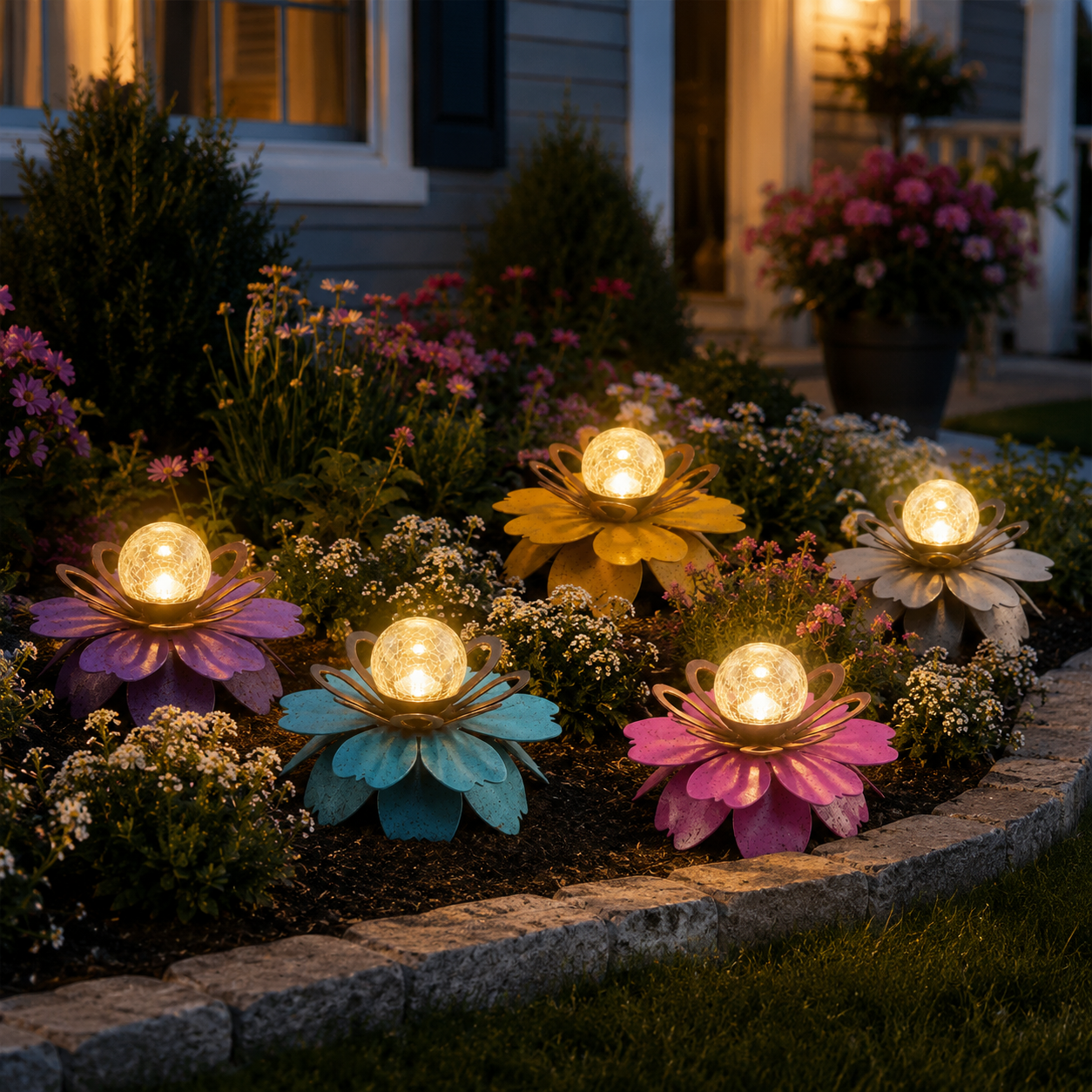 Solar Metal Lotus Garden Light with Crackle Glass Globe