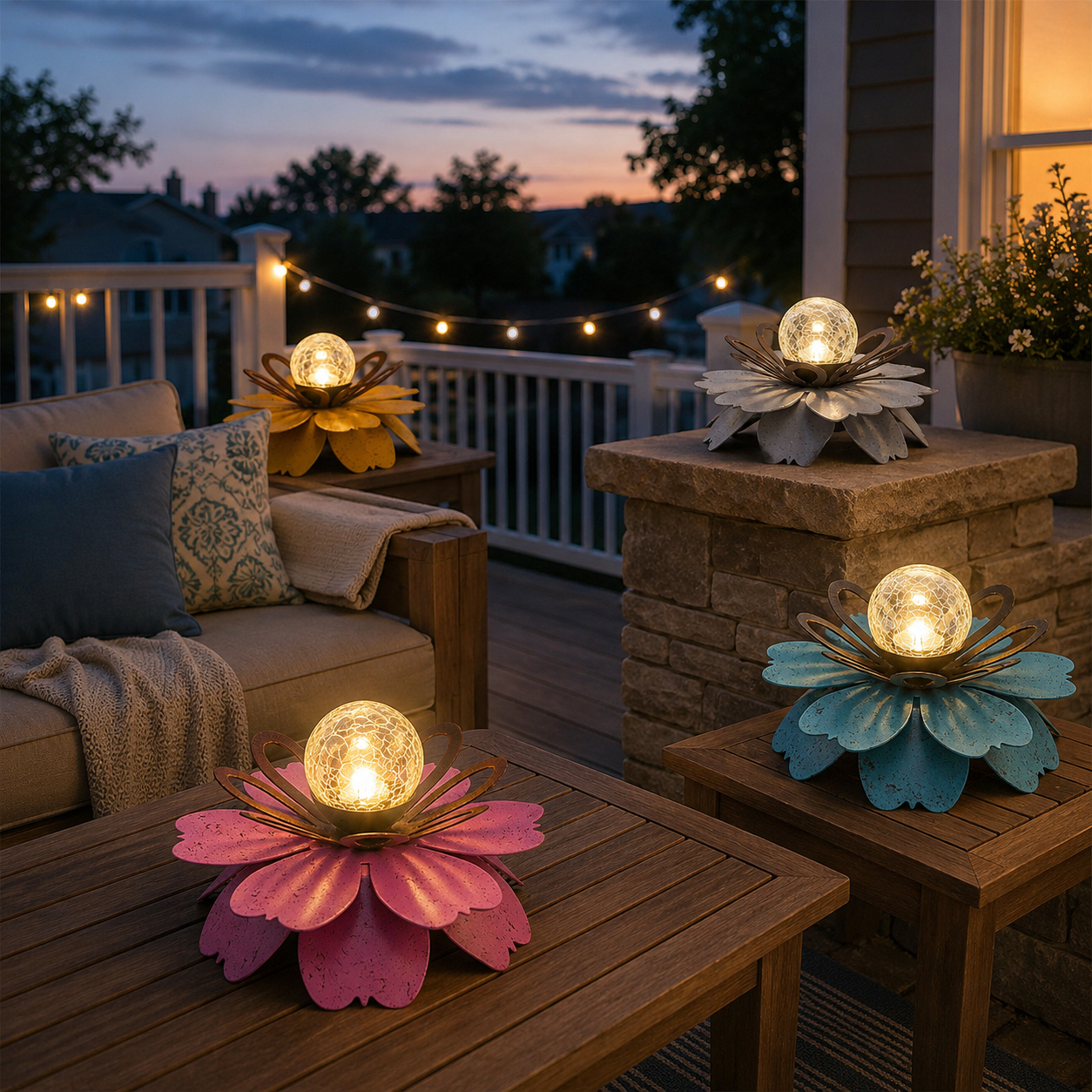 Solar Metal Lotus Garden Light with Crackle Glass Globe