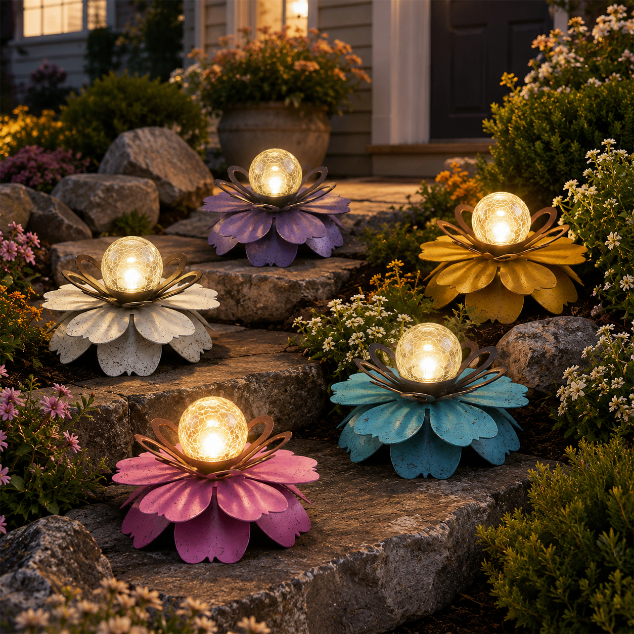 Solar Metal Lotus Garden Light with Crackle Glass Globe