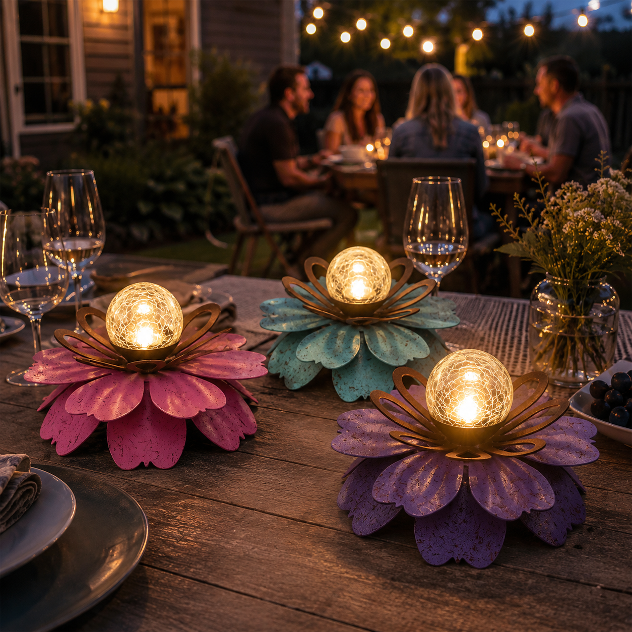 Solar Metal Lotus Garden Light with Crackle Glass Globe