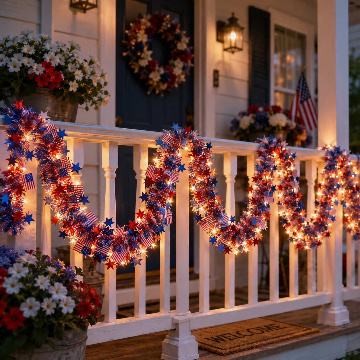 Lighted Patriotic Star & American Flag Garland with Remote Control