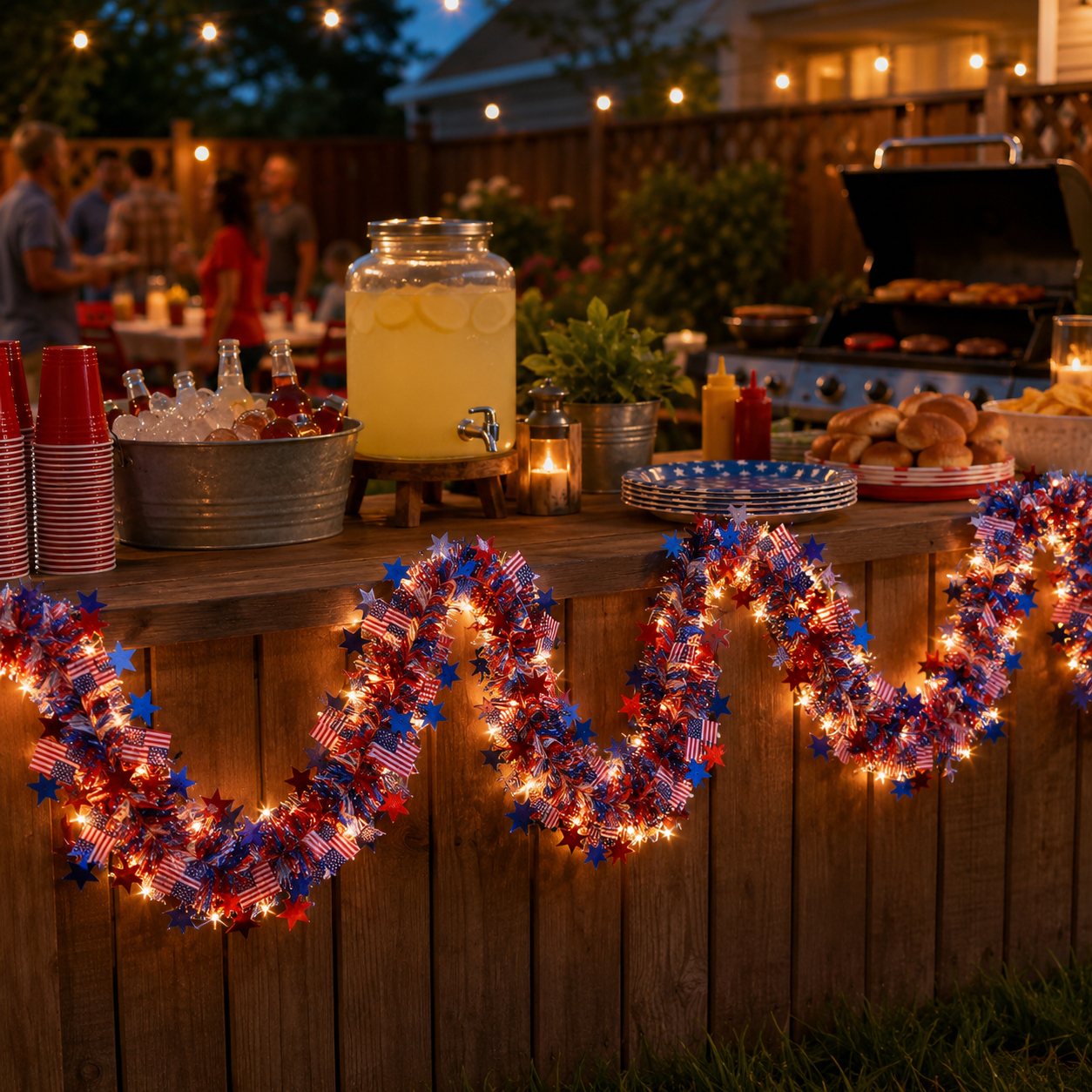 Lighted Patriotic Star & American Flag Garland with Remote Control