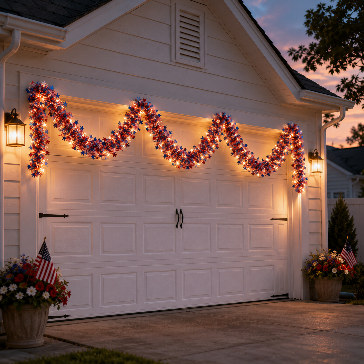Lighted Patriotic Star & American Flag Garland with Remote Control