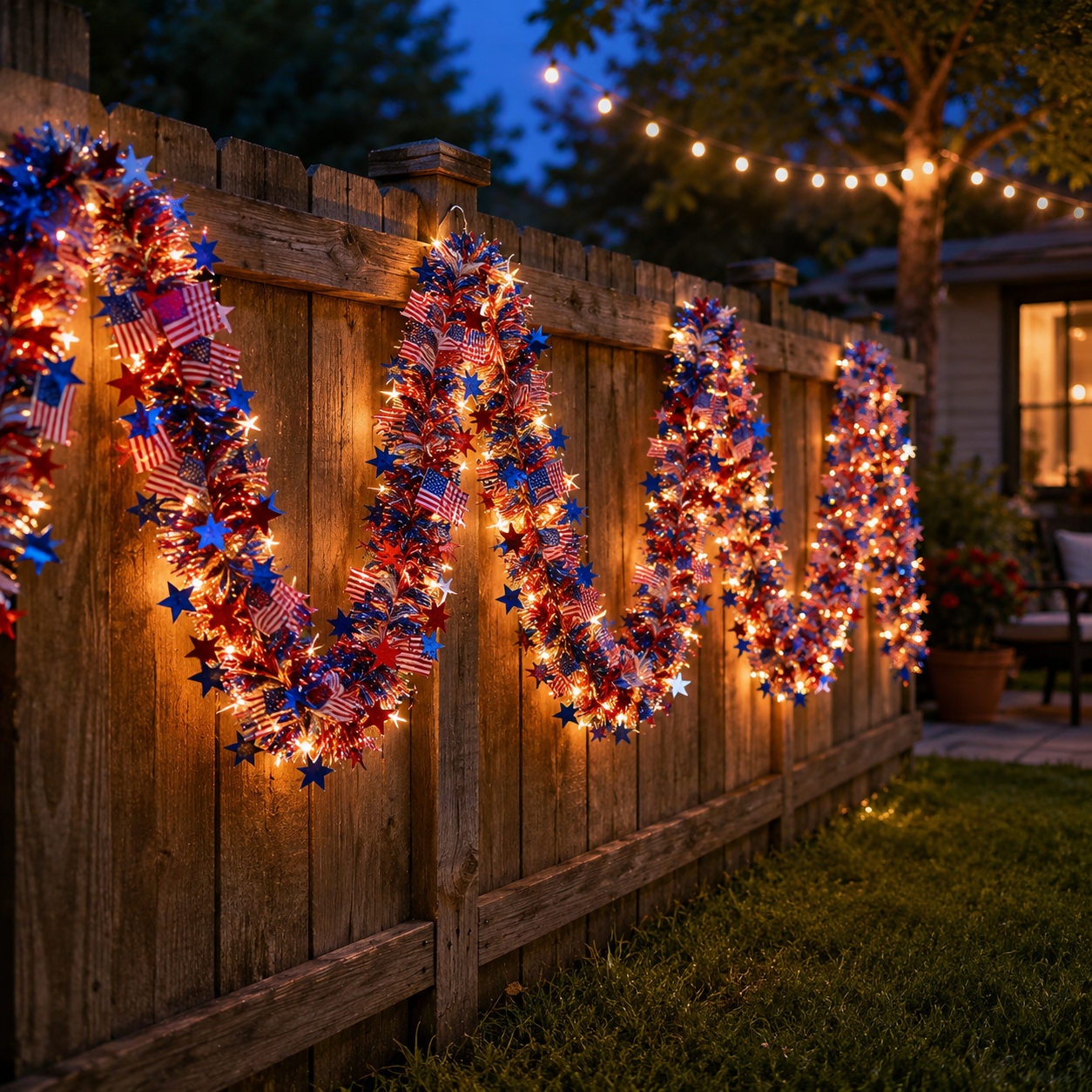 Lighted Patriotic Star & American Flag Garland with Remote Control