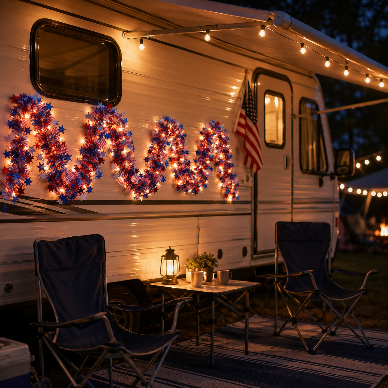 Lighted Patriotic Star & American Flag Garland with Remote Control
