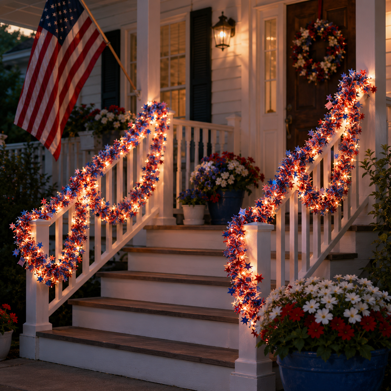 Lighted Patriotic Star & American Flag Garland with Remote Control