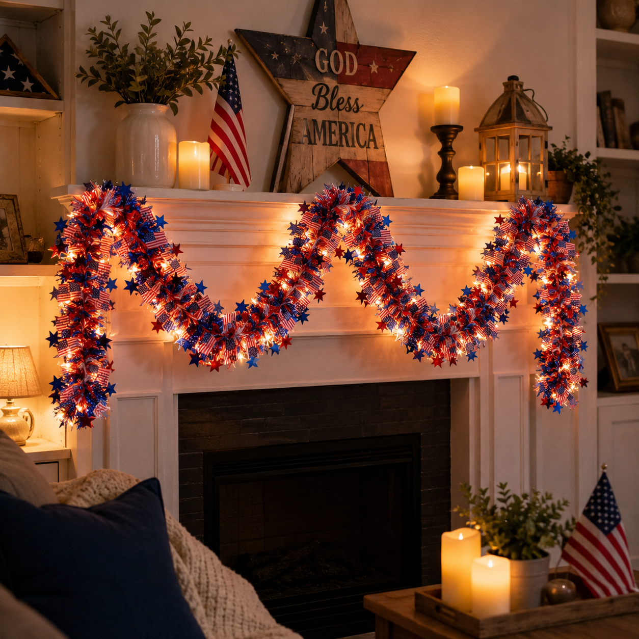 Lighted Patriotic Star & American Flag Garland with Remote Control