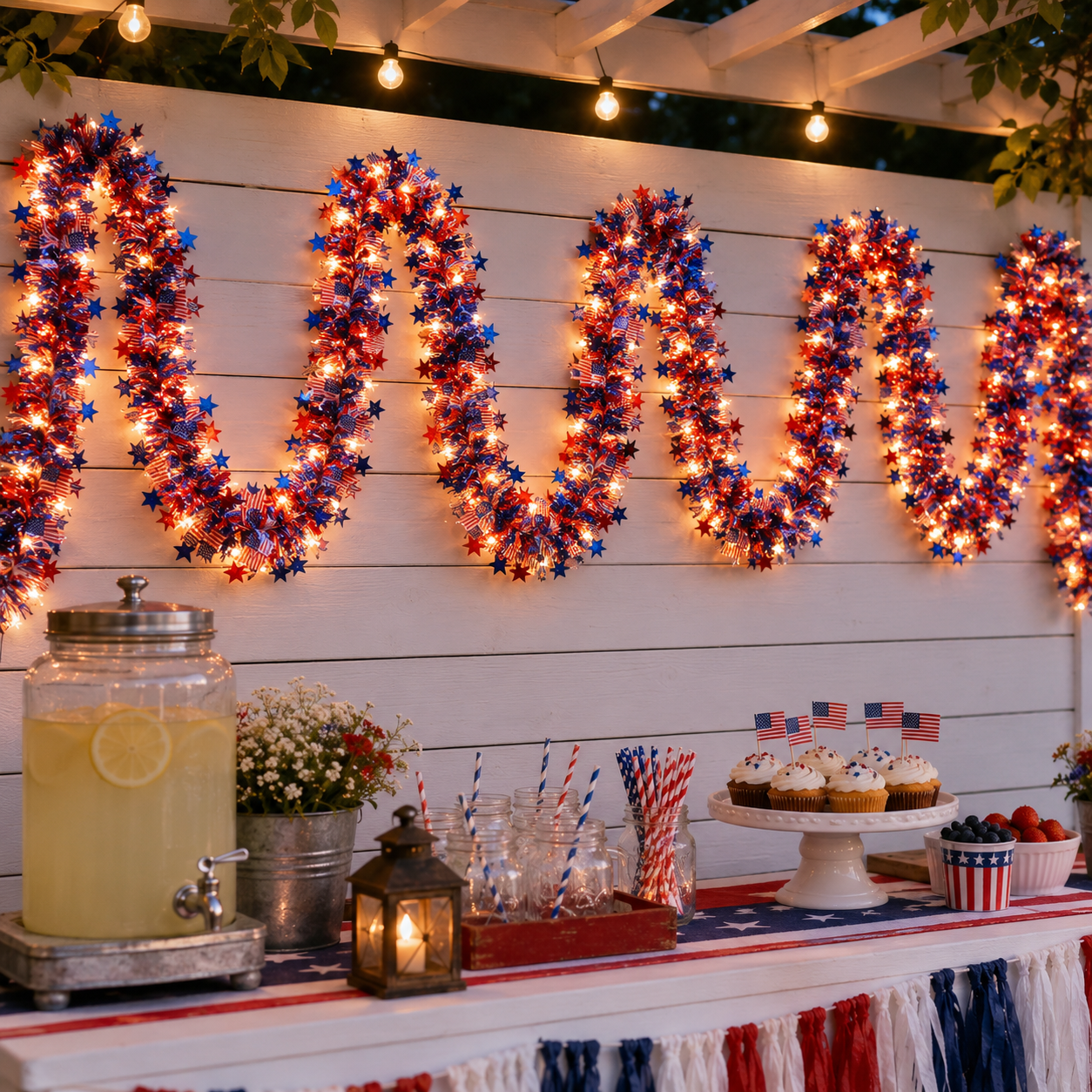 Lighted Patriotic Star & American Flag Garland with Remote Control
