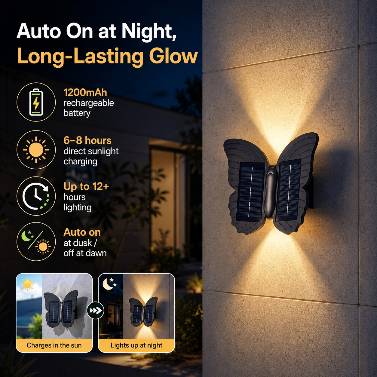 Butterfly Solar Wall Light Outdoor Waterproof Warm Glow Wall Lamp
