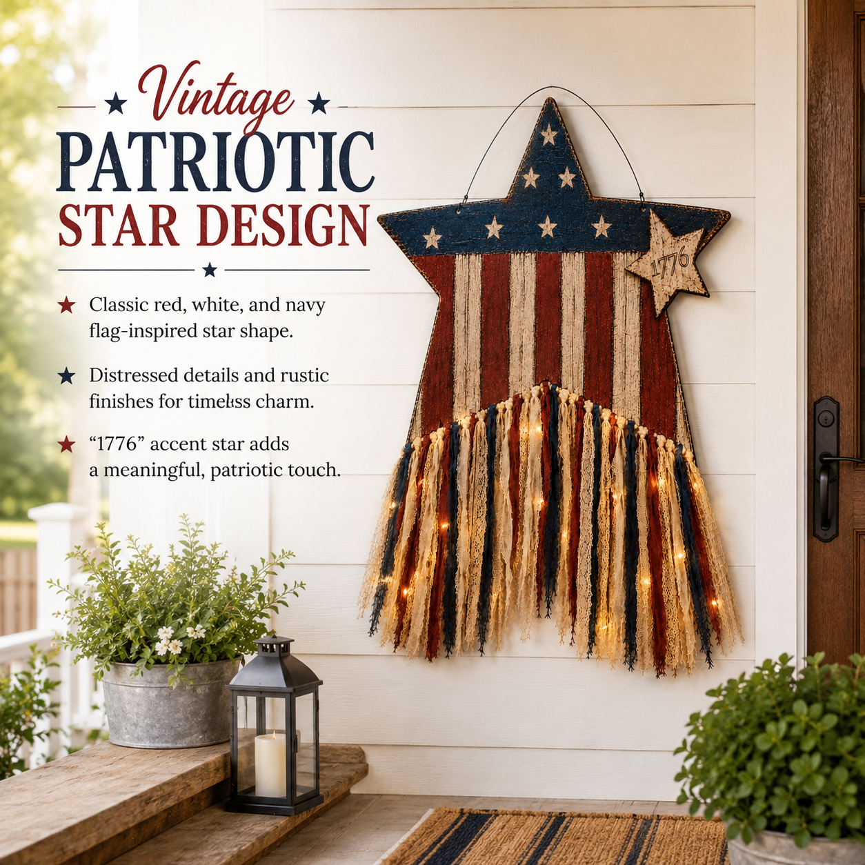 Remote-Controlled Lighted Patriotic Star Door Hanger with Fabric Tassels