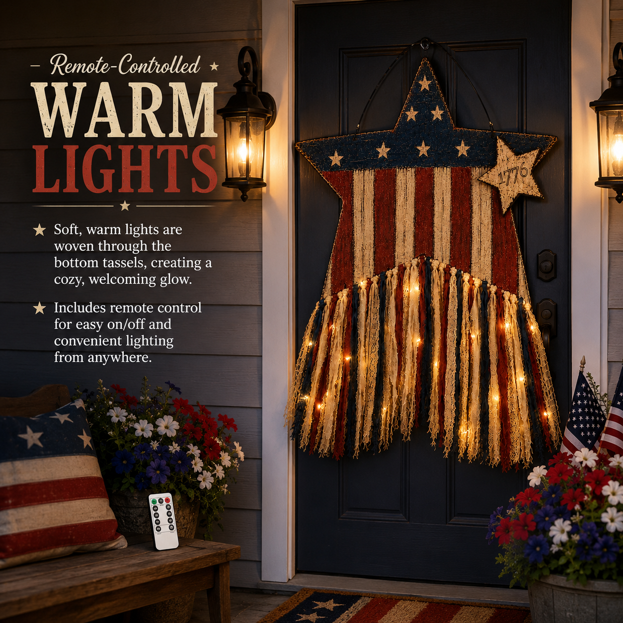 Remote-Controlled Lighted Patriotic Star Door Hanger with Fabric Tassels