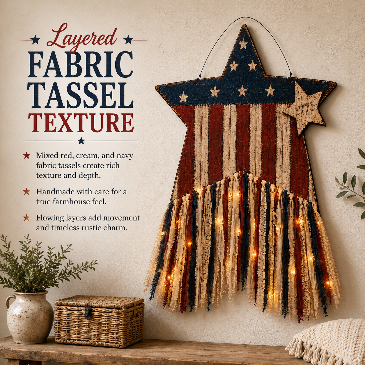 Remote-Controlled Lighted Patriotic Star Door Hanger with Fabric Tassels