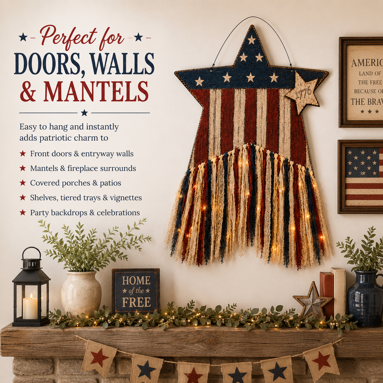 Remote-Controlled Lighted Patriotic Star Door Hanger with Fabric Tassels
