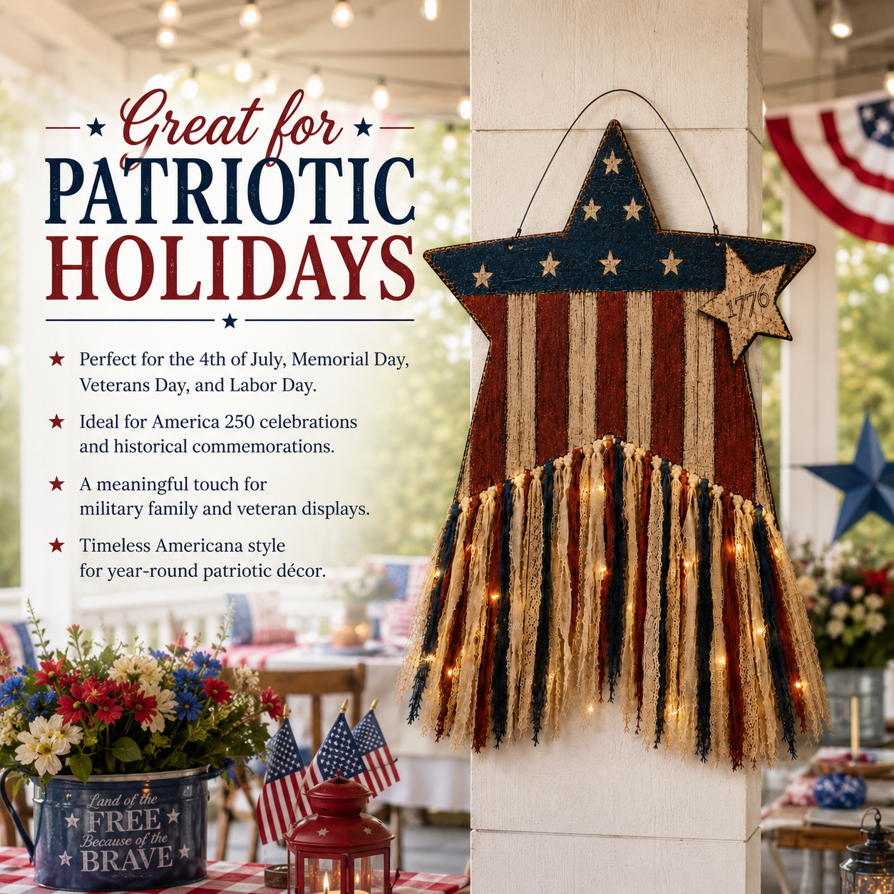Remote-Controlled Lighted Patriotic Star Door Hanger with Fabric Tassels