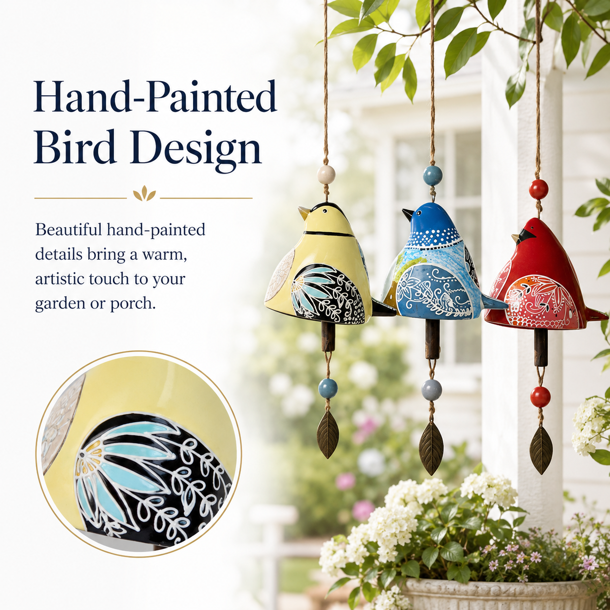 Hand-Painted Bird Wind Chime for Garden, Porch & Patio Decor