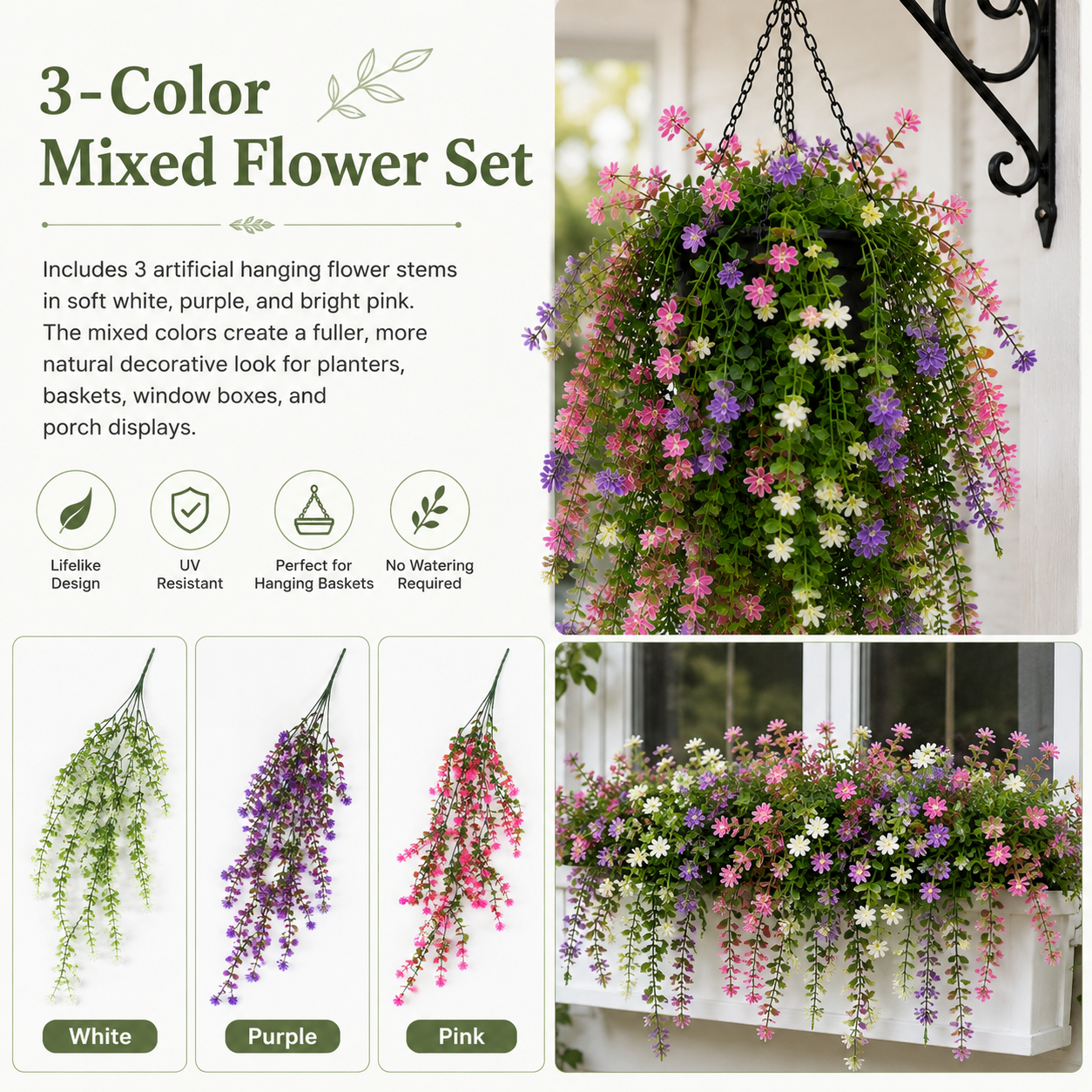 3-Pack 30.3 Inch Artificial Hanging Vine Flowers