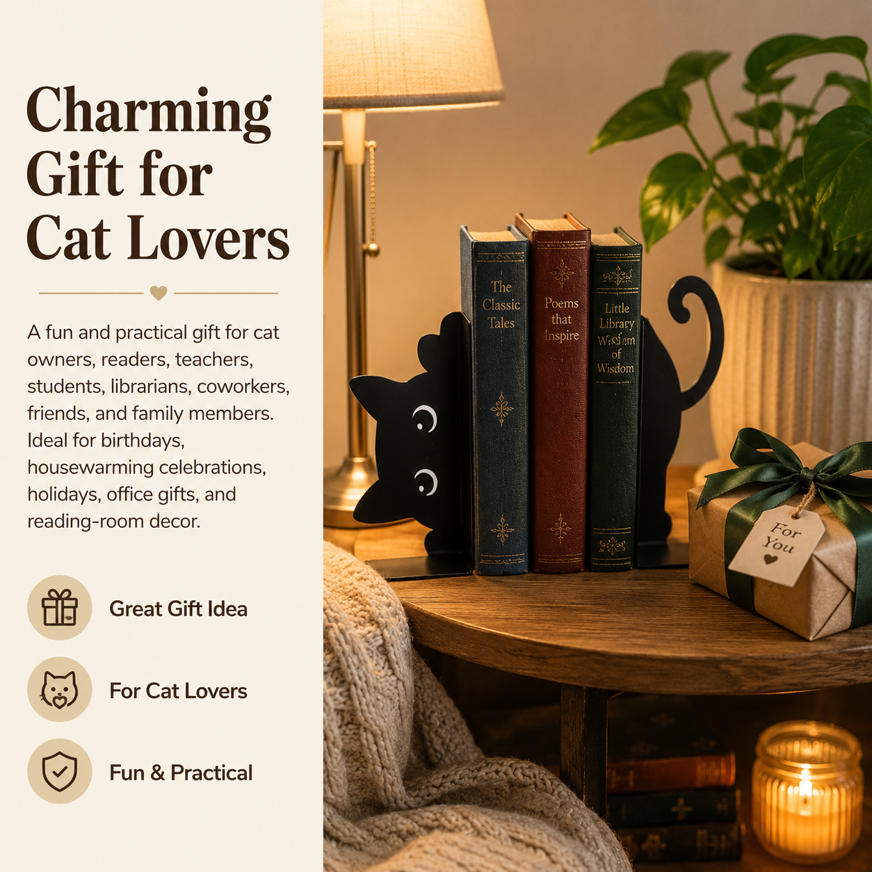 Black Cat Bookends, Set of 2 Metal Cat Book Stoppers