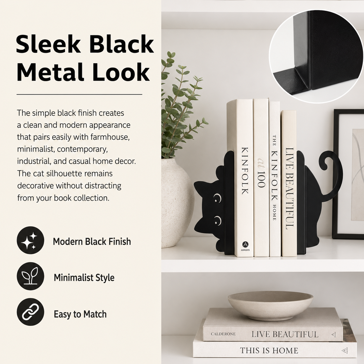 Black Cat Bookends, Set of 2 Metal Cat Book Stoppers