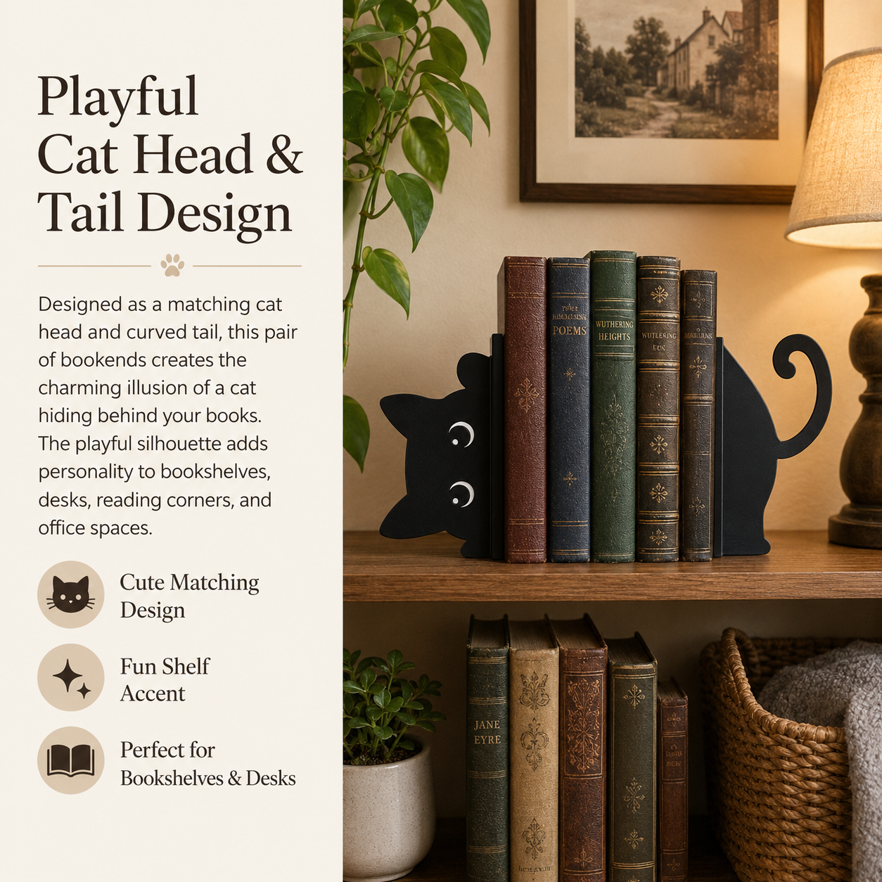 Black Cat Bookends, Set of 2 Metal Cat Book Stoppers