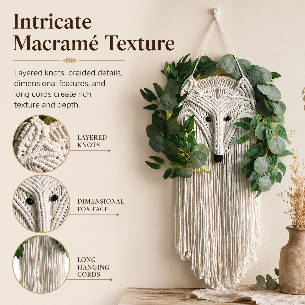 Woodland Fox Macramé Wall Hanging with Greenery