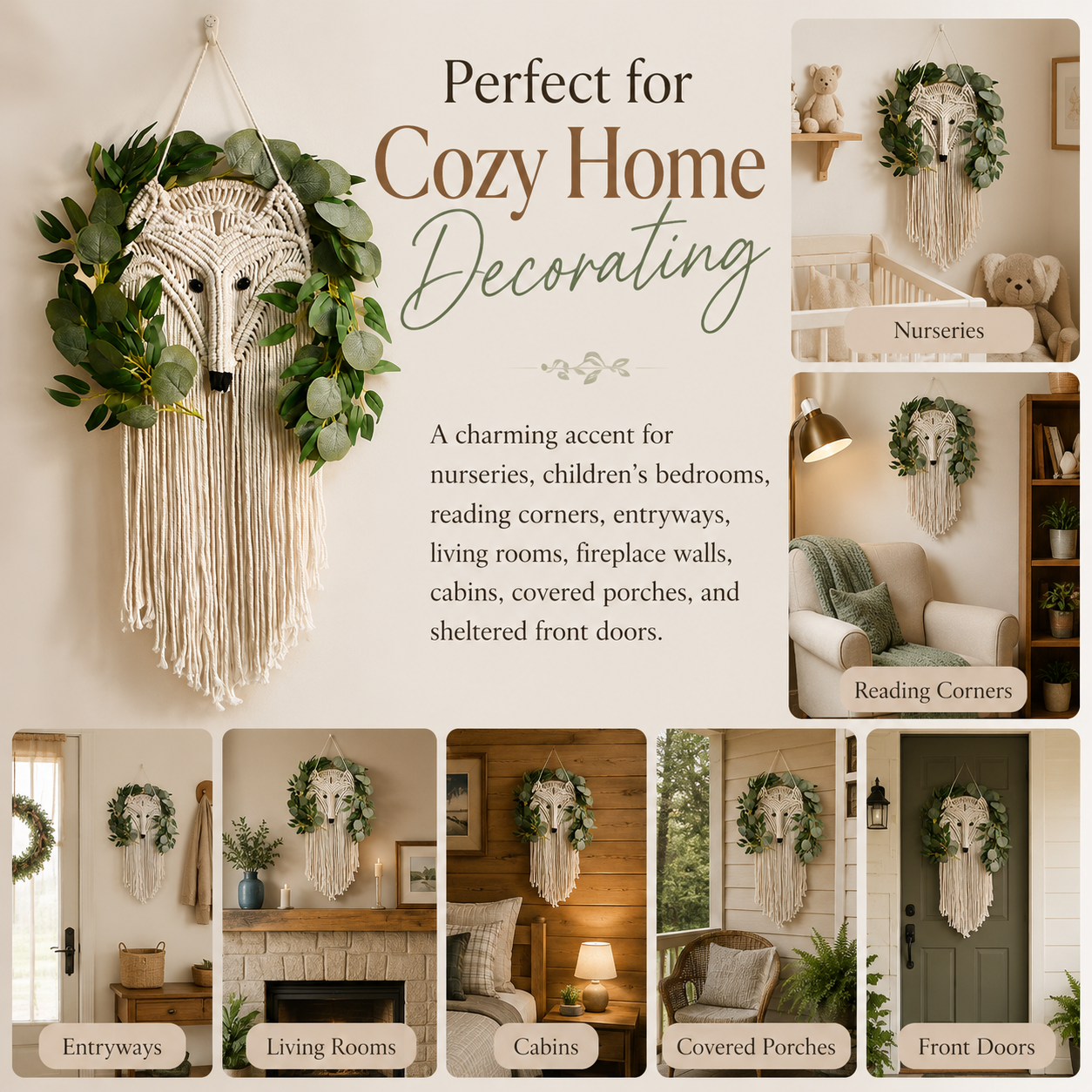 Woodland Fox Macramé Wall Hanging with Greenery