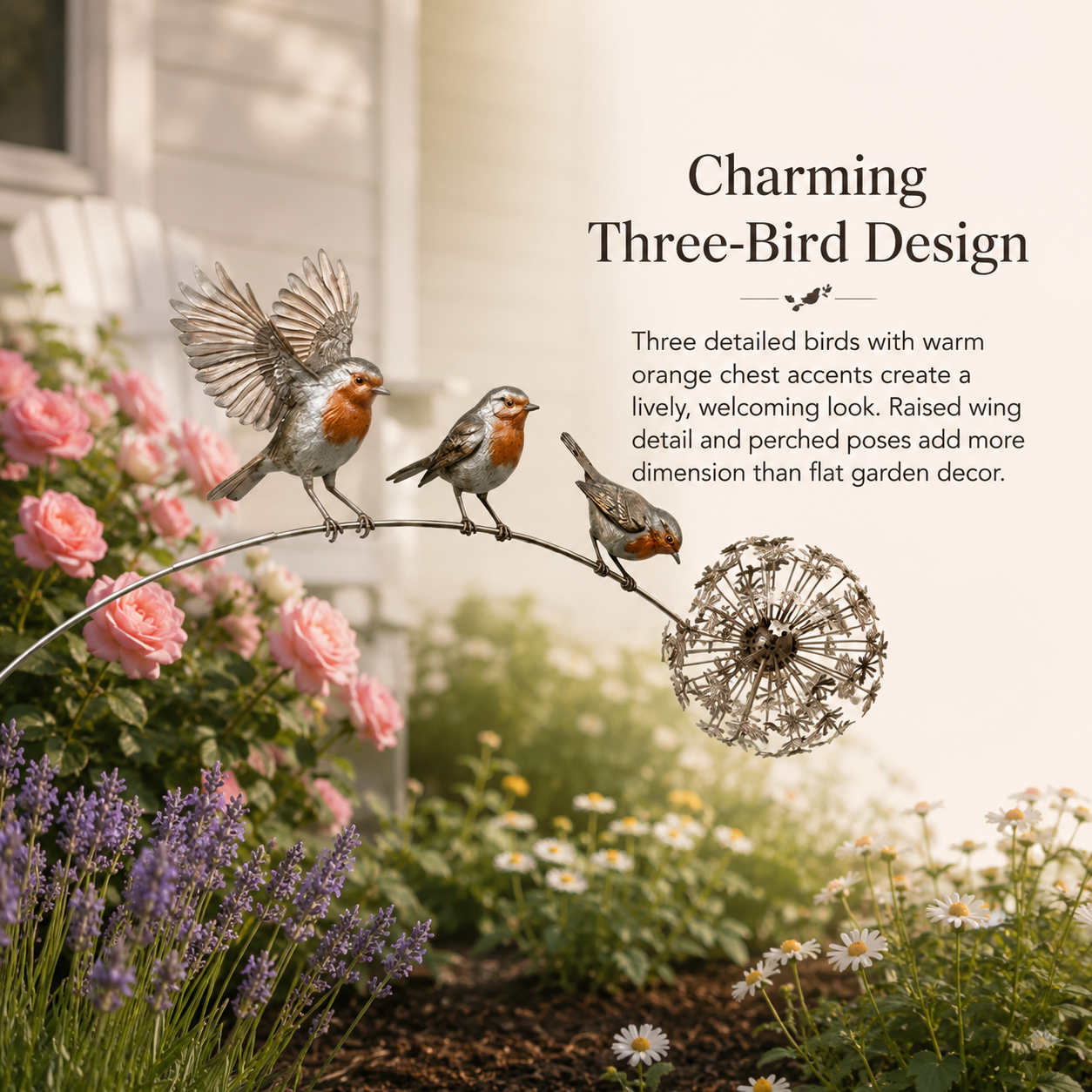 Metal Bird Garden Stake Decor with Dandelion Accent
