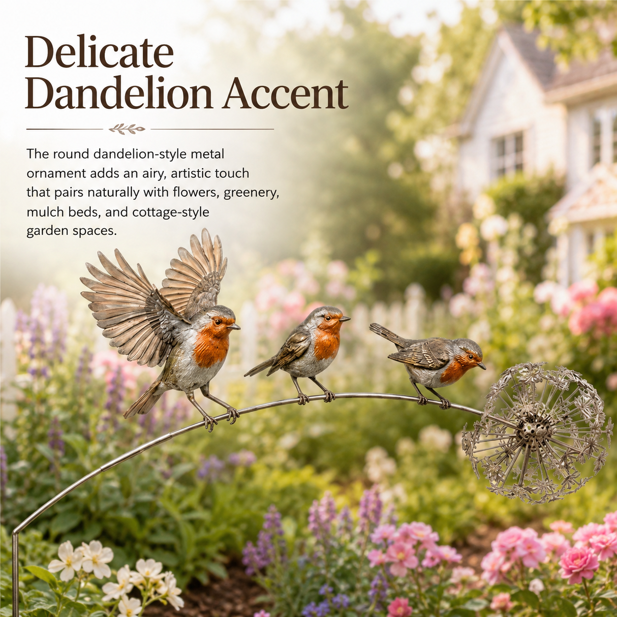 Metal Bird Garden Stake Decor with Dandelion Accent