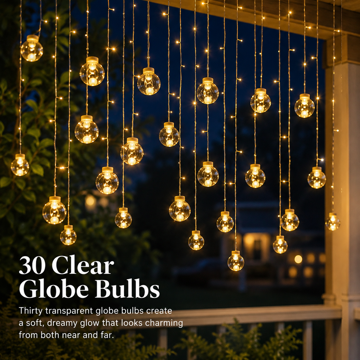 30-LED Transparent Globe Solar Hanging Curtain Lights