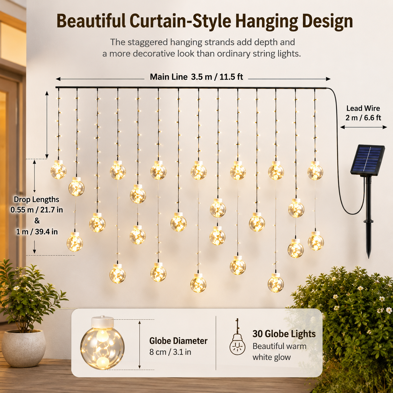 30-LED Transparent Globe Solar Hanging Curtain Lights