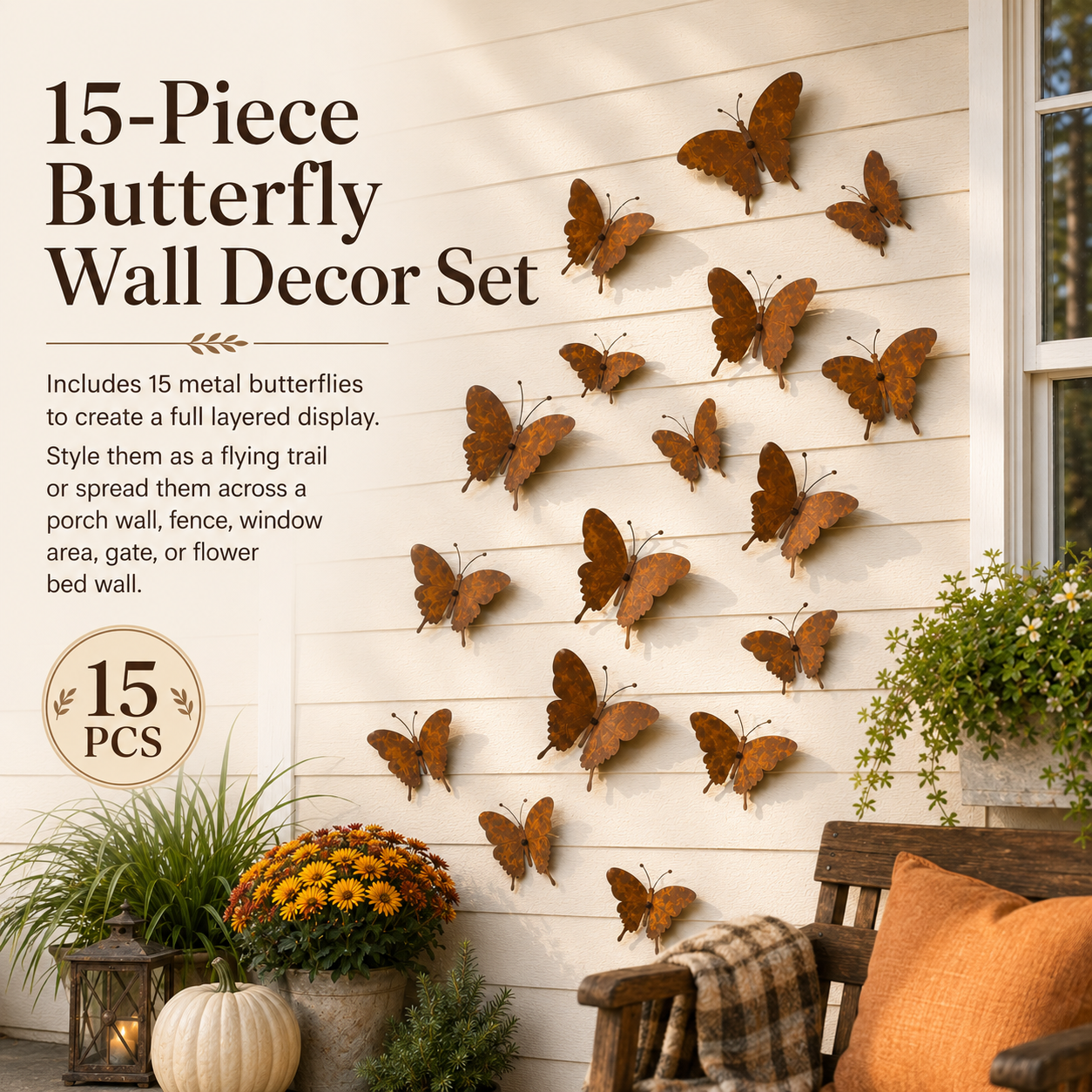 15-Piece Rustic Metal Butterfly Wall Decor Set