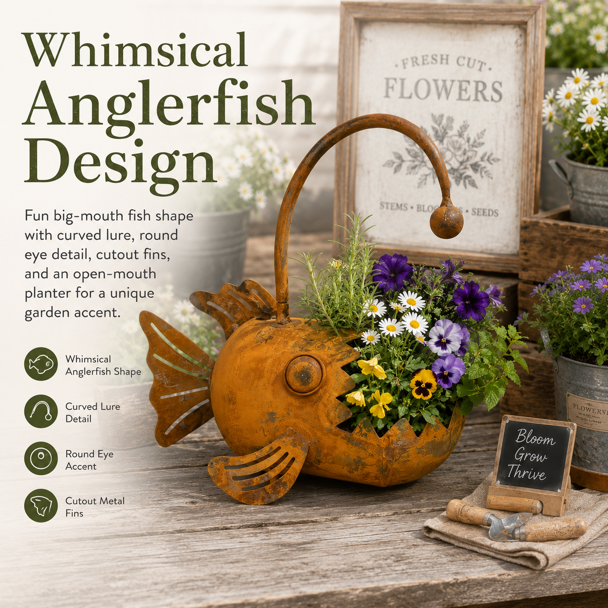 Vintage Metal Anglerfish Planter – Rustic Big Mouth Fish Flower Pot