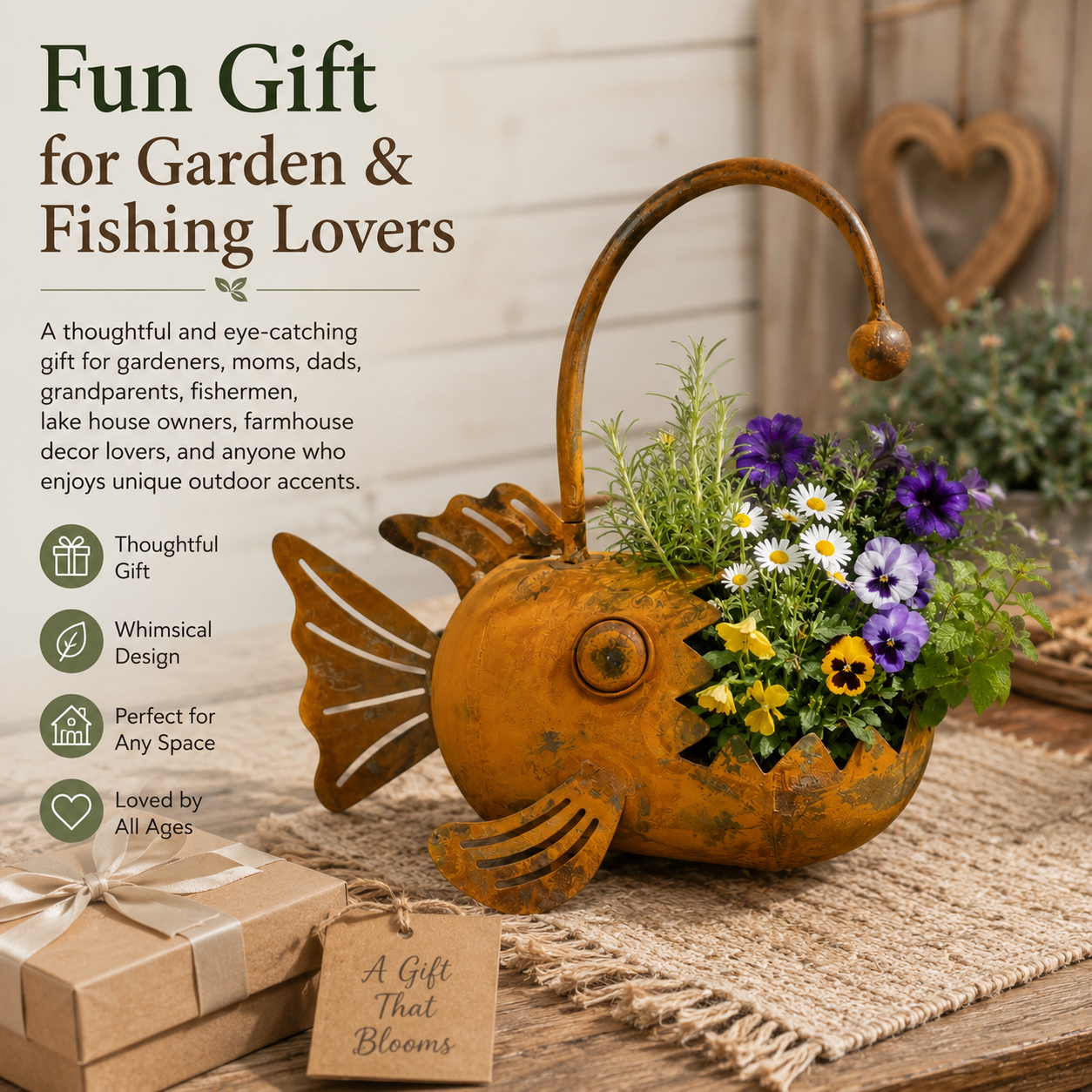 Vintage Metal Anglerfish Planter – Rustic Big Mouth Fish Flower Pot