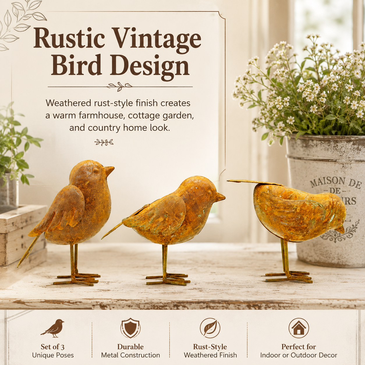 Rustic Metal Bird Garden Decor Set