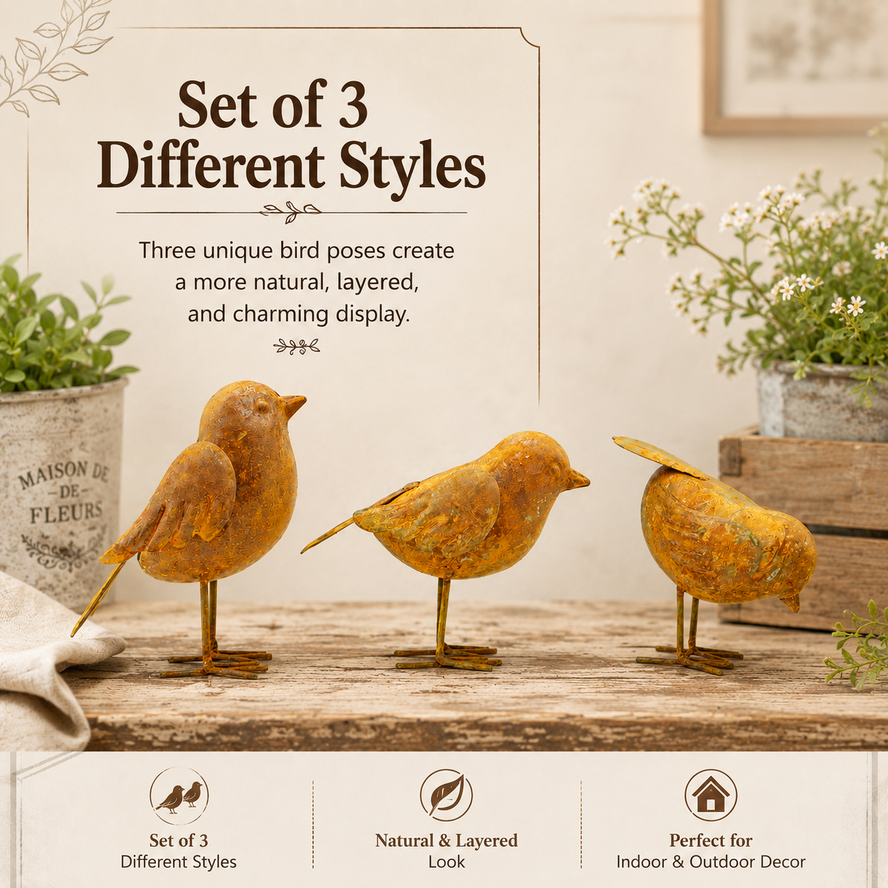 Rustic Metal Bird Garden Decor Set