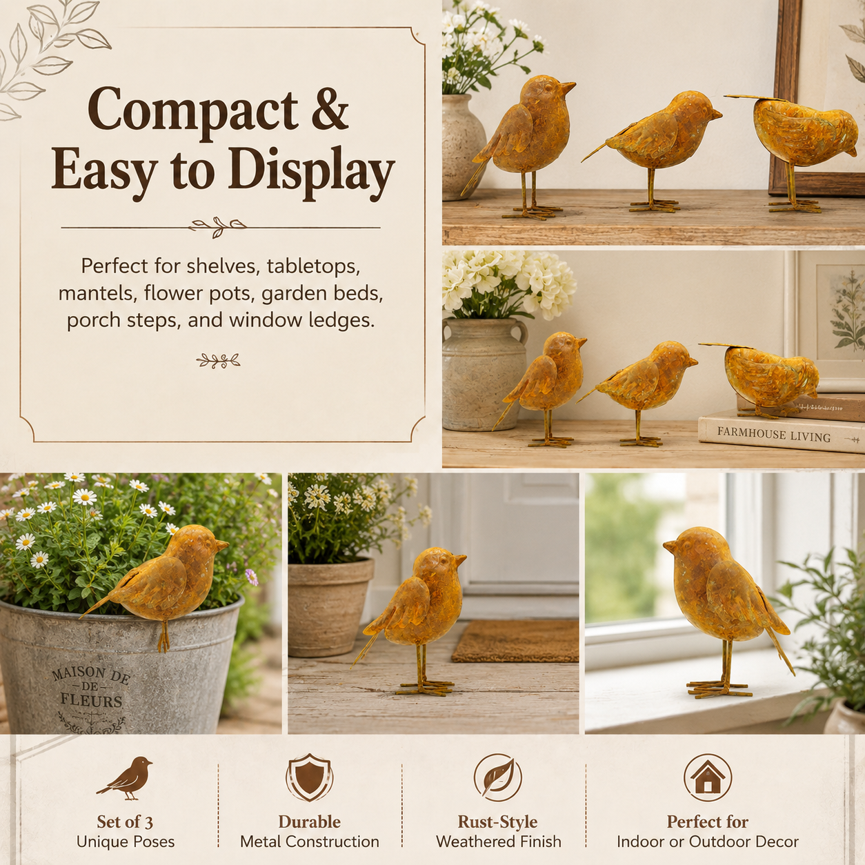 Rustic Metal Bird Garden Decor Set