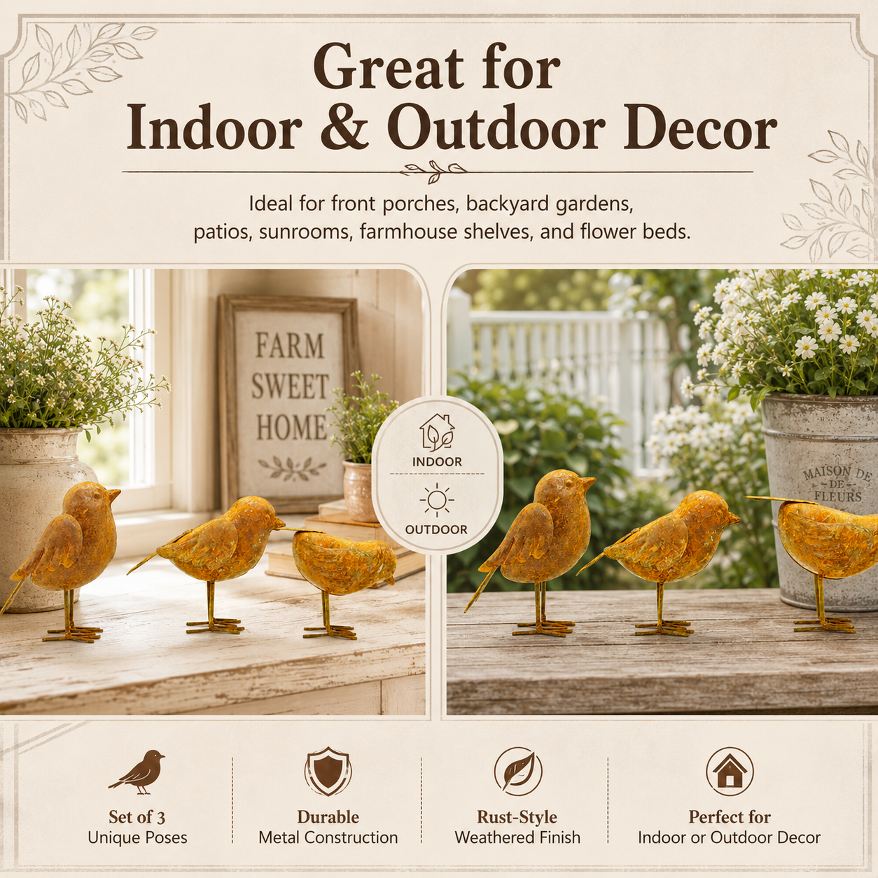 Rustic Metal Bird Garden Decor Set