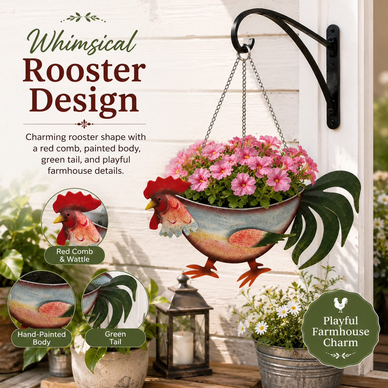 Rustic Rooster Hanging Planter, Farmhouse Chicken Flower Pot
