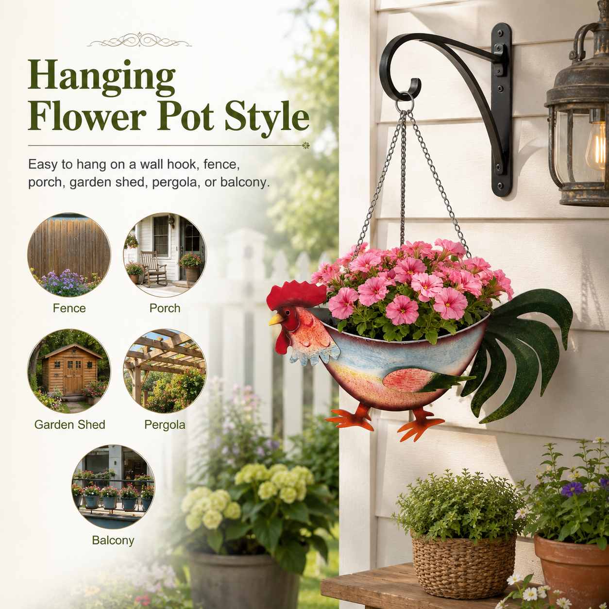 Rustic Rooster Hanging Planter, Farmhouse Chicken Flower Pot